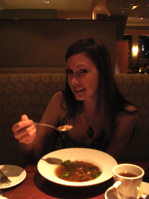 My friend Brittany enjoying her vegan soup!